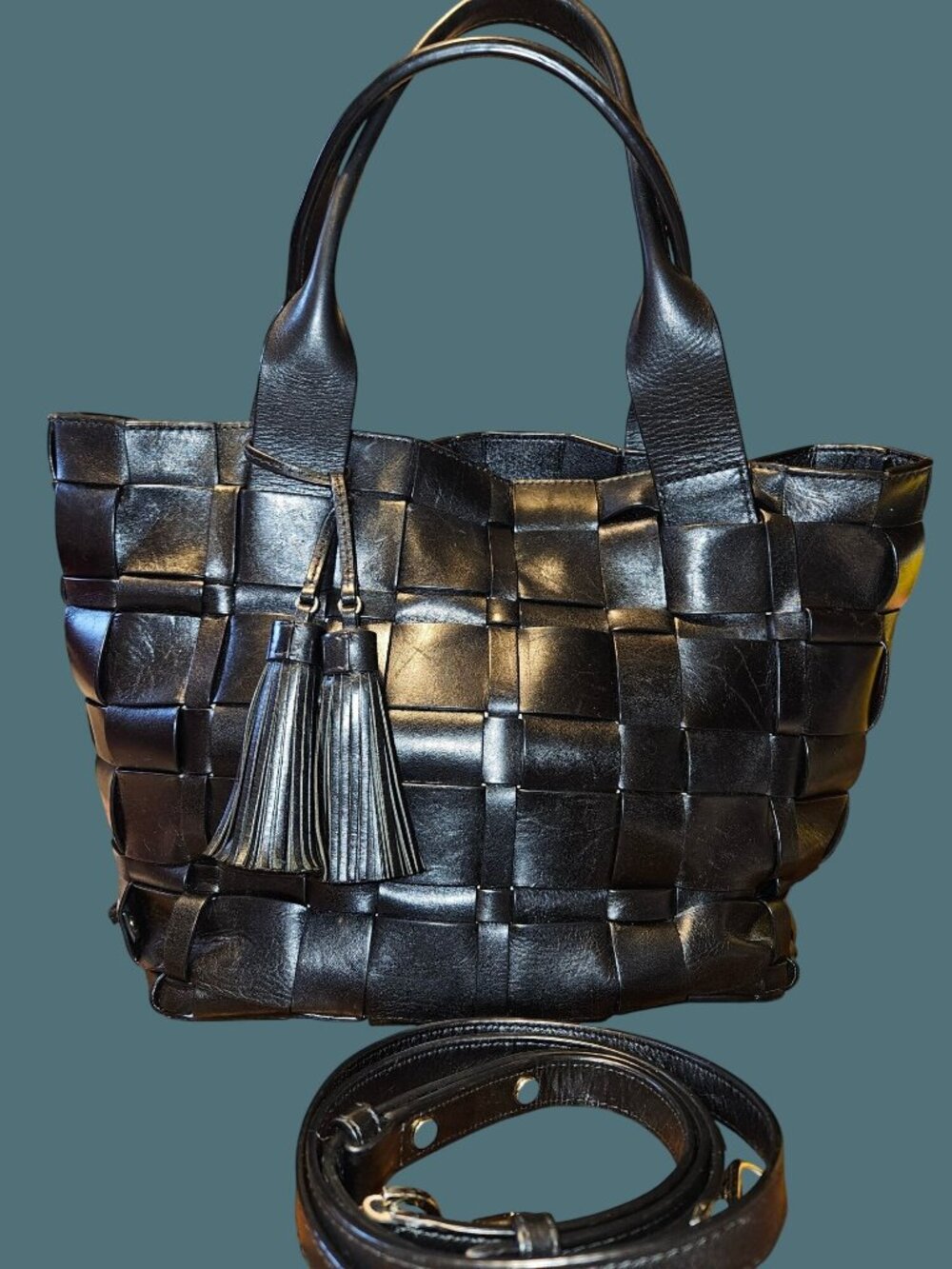 Michael Kors Black Woven Leather Vivian Tote Crossbody Bag - Picture 2 of 16